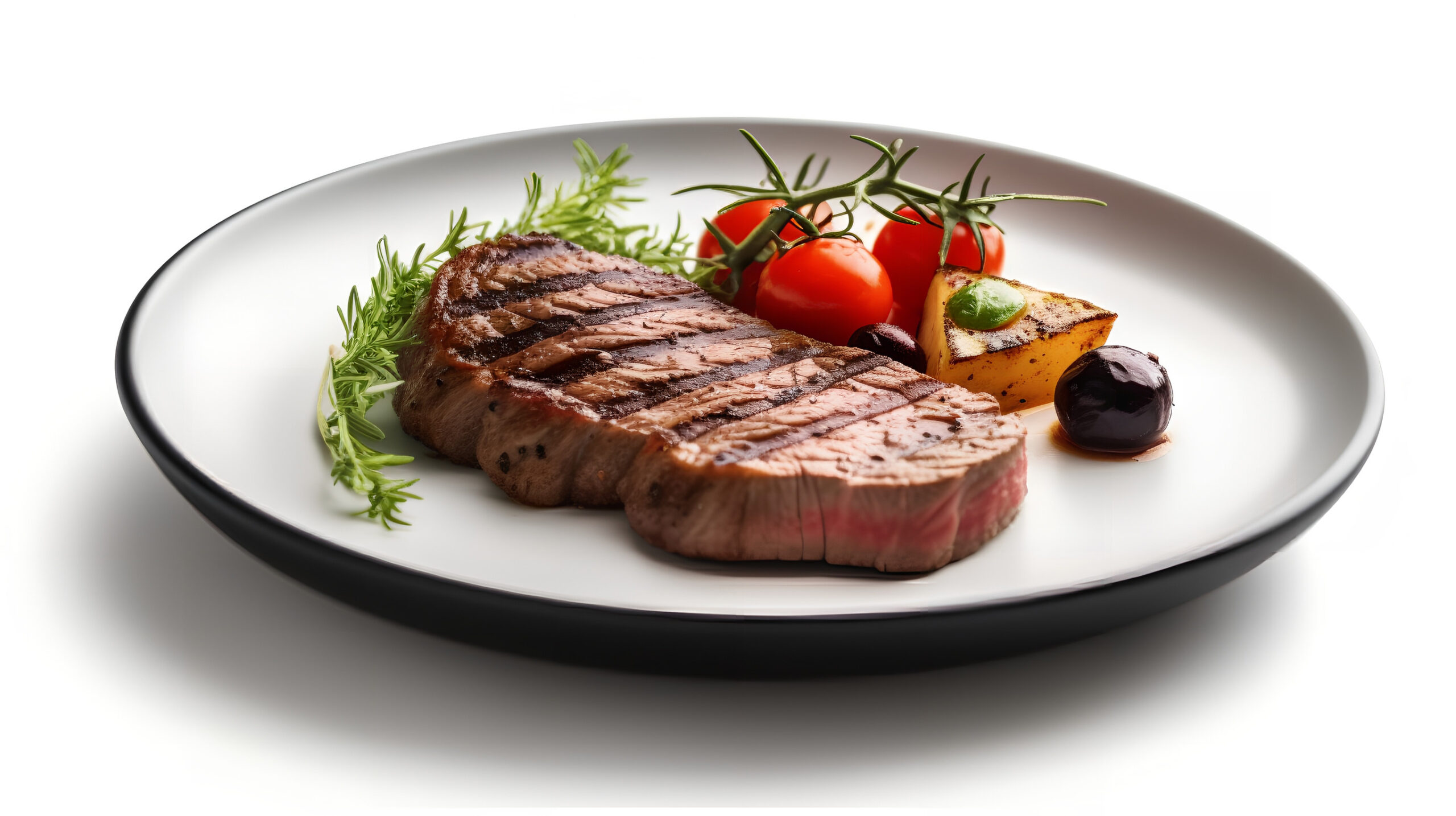 Grilled steak with vegetables on white plate isolated on white background.