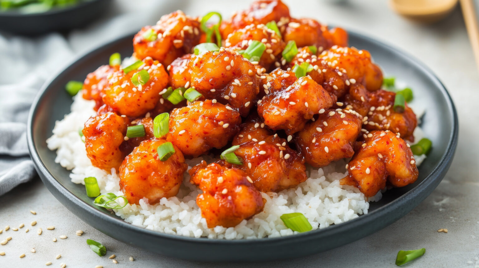 A delectable plate of sweet and sour chicken served on a bed of steamed rice. This dish features vibrant colors and garnished with fresh greens and sesame seeds.