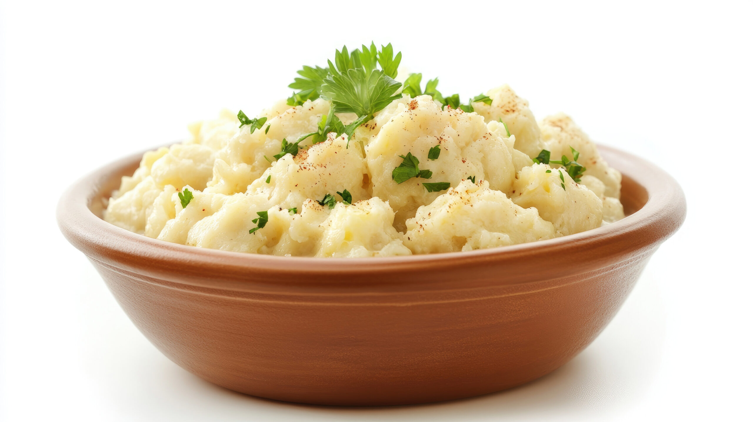 A close-up view of creamy mashed potatoes served in a rustic brown bowl, garnished with fresh herbs. Perfect for showcasing comfort food.