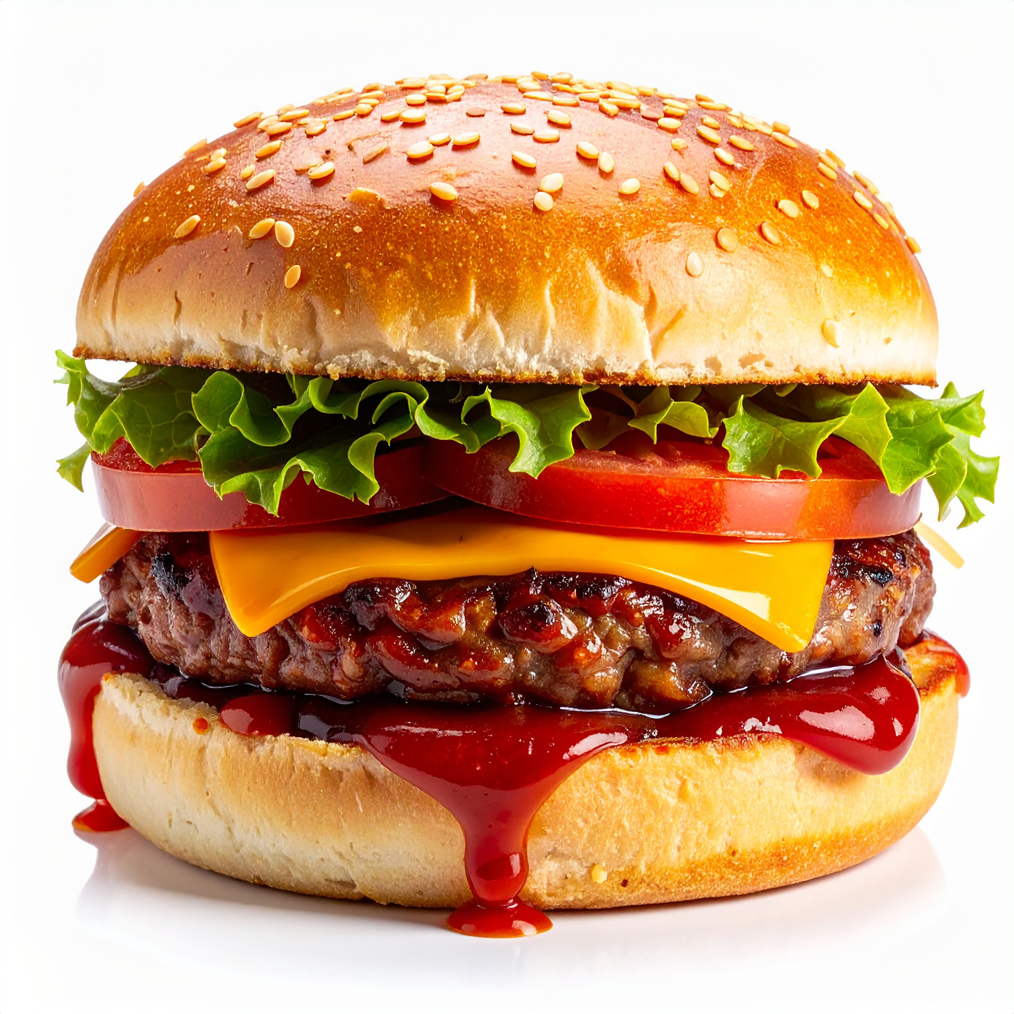 A close-up of a cheeseburger with fresh ingredients and dripping barbecue sauce on white.