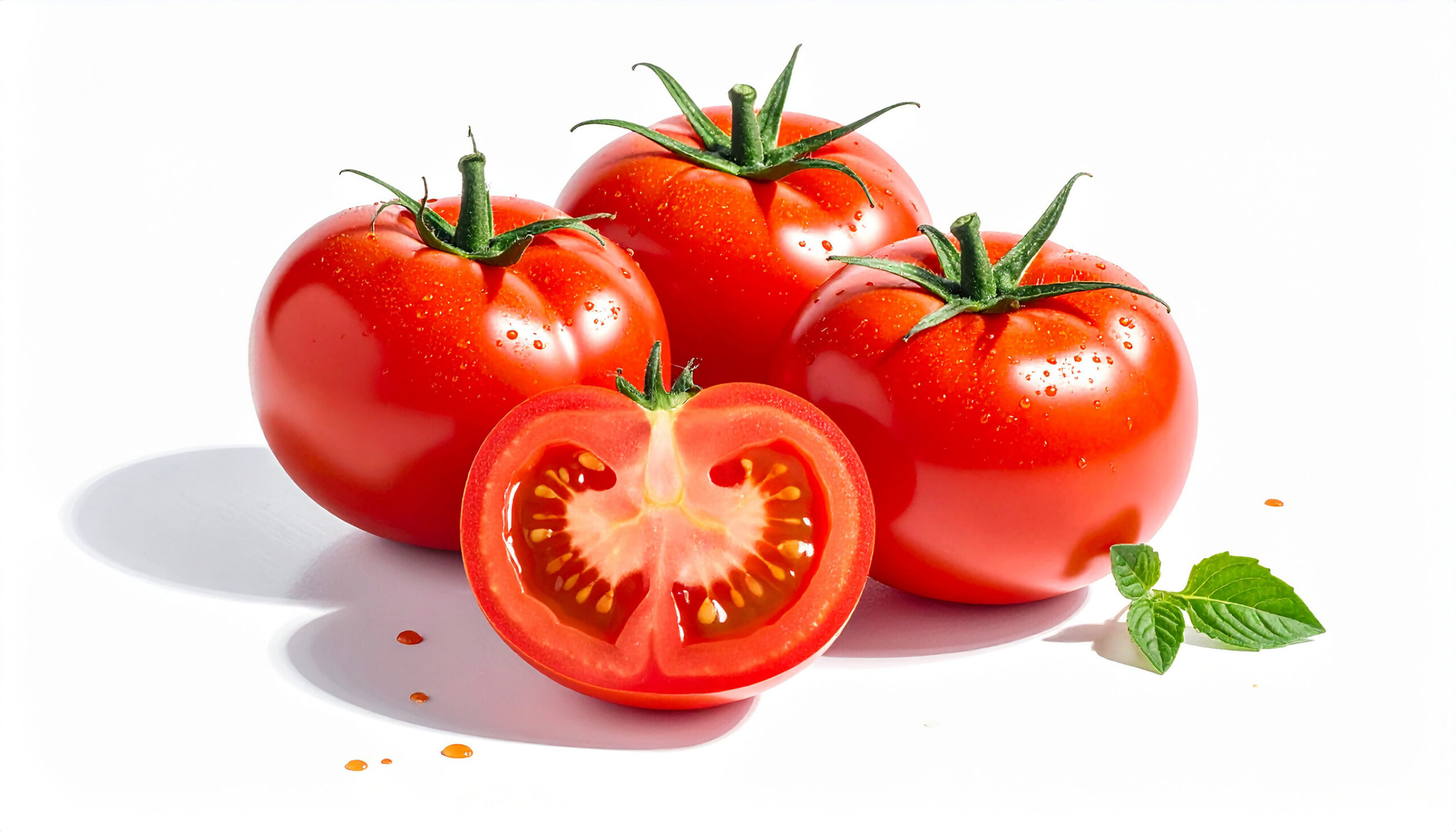 Four red tomatoes, one halved, with fresh mint leaves on a white background. Clear details and vibrant colors...