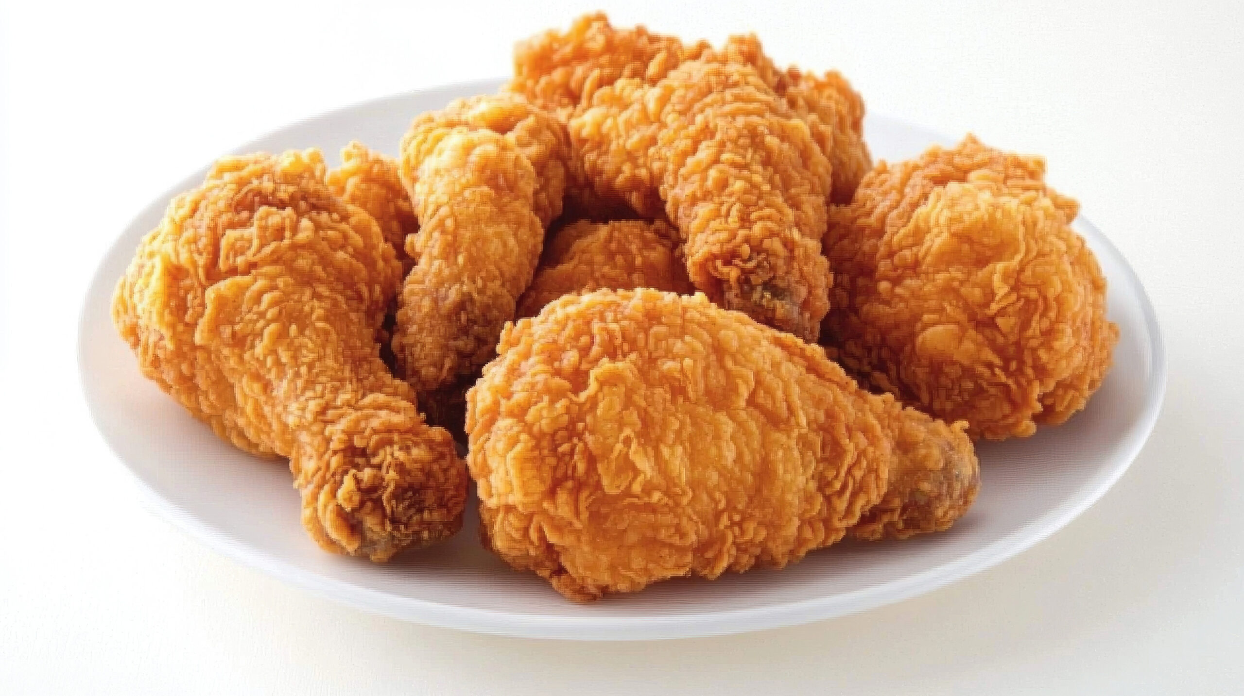 A high-resolution image of crispy, golden-brown fried chicken pieces arranged neatly on a white plate, with a focus on the crunchy texture and delicious appearance